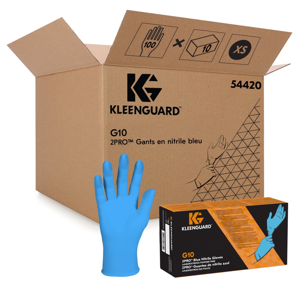 Gants en nitrile bleus KleenGuard® G10 2PRO™ 54420 - Gants jetables résistants - 10 boîtes de 100 gants EPI bleus, XS (1 000 pièces au total) - 54420