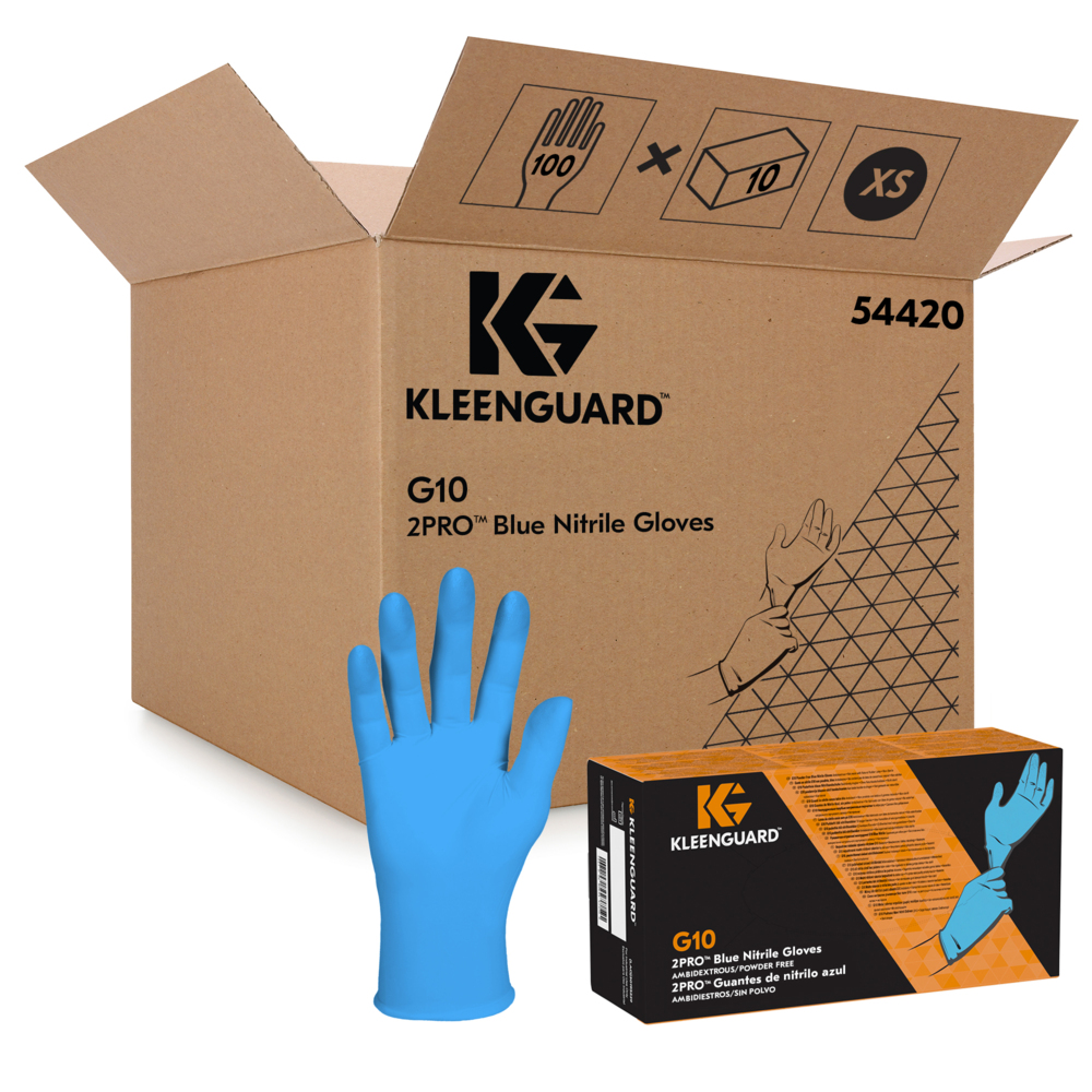 Синие нитриловые перчатки KleenGuard® G10 2PRO™, код 54420 — прочные одноразовые перчатки, 10 упаковок x 100 синих перчаток СИЗ, размер XS (итого 1000 шт.) - 54420