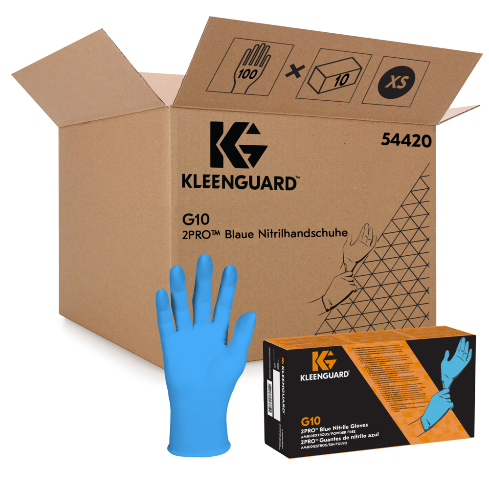 Gants en nitrile bleus KleenGuard® G10 2PRO™ 54420 - Gants jetables résistants - 10 boîtes de 100 gants EPI bleus, XS (1 000 pièces au total) - 54420