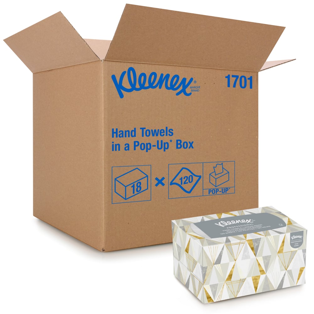 Kleenex® Hand Towels (01701), with Premium Absorbency Pockets™, Pop-Up Box, White, (18 Boxes/Case, 120 Sheets/Box, 2,160 Sheets/Case) - 01701