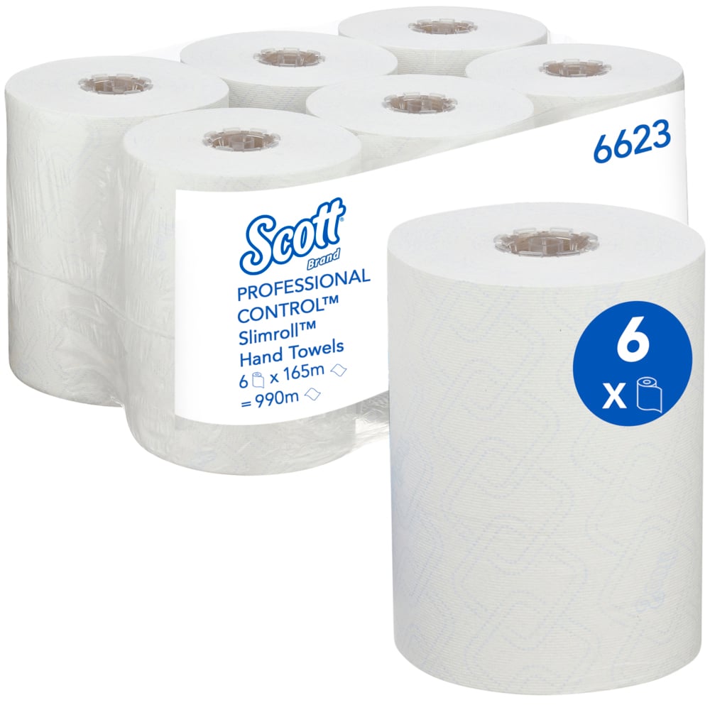Scott® Control™ Slimroll™ Rollenhandtücher 6623 – Einweg-Handtücher – 6 Papiertuchrollen x 165 m Papierhandtücher, weiß (insges. 990 m) - 6623