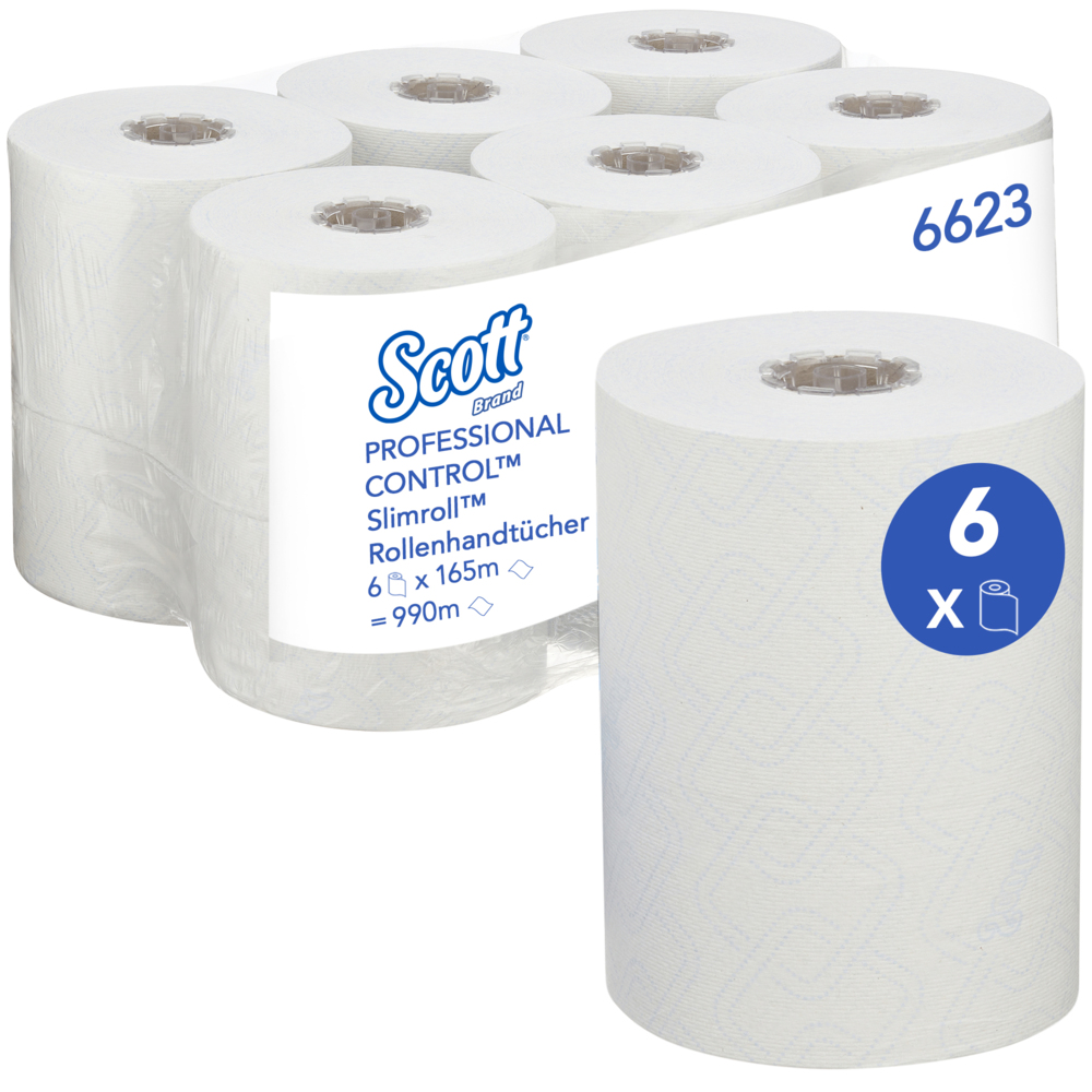 Essuie-mains roulés Scott® Control™ Slimroll™ 6623 – Essuie-mains en papier jetables – 6 rouleaux d'essuie-mains en papier x 165 m d'essuie-mains en papier blancs (990 m au total)