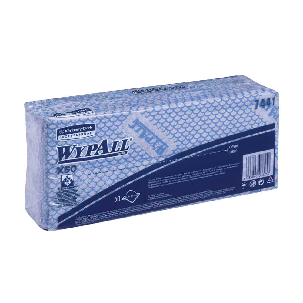 WypAll® X50 Colour Coded Cleaning Cloths 7441 - Blue Wiping Cloths - 6 Packs x 50 Interfolded Colour Coded Cloths (300 total) - 7441