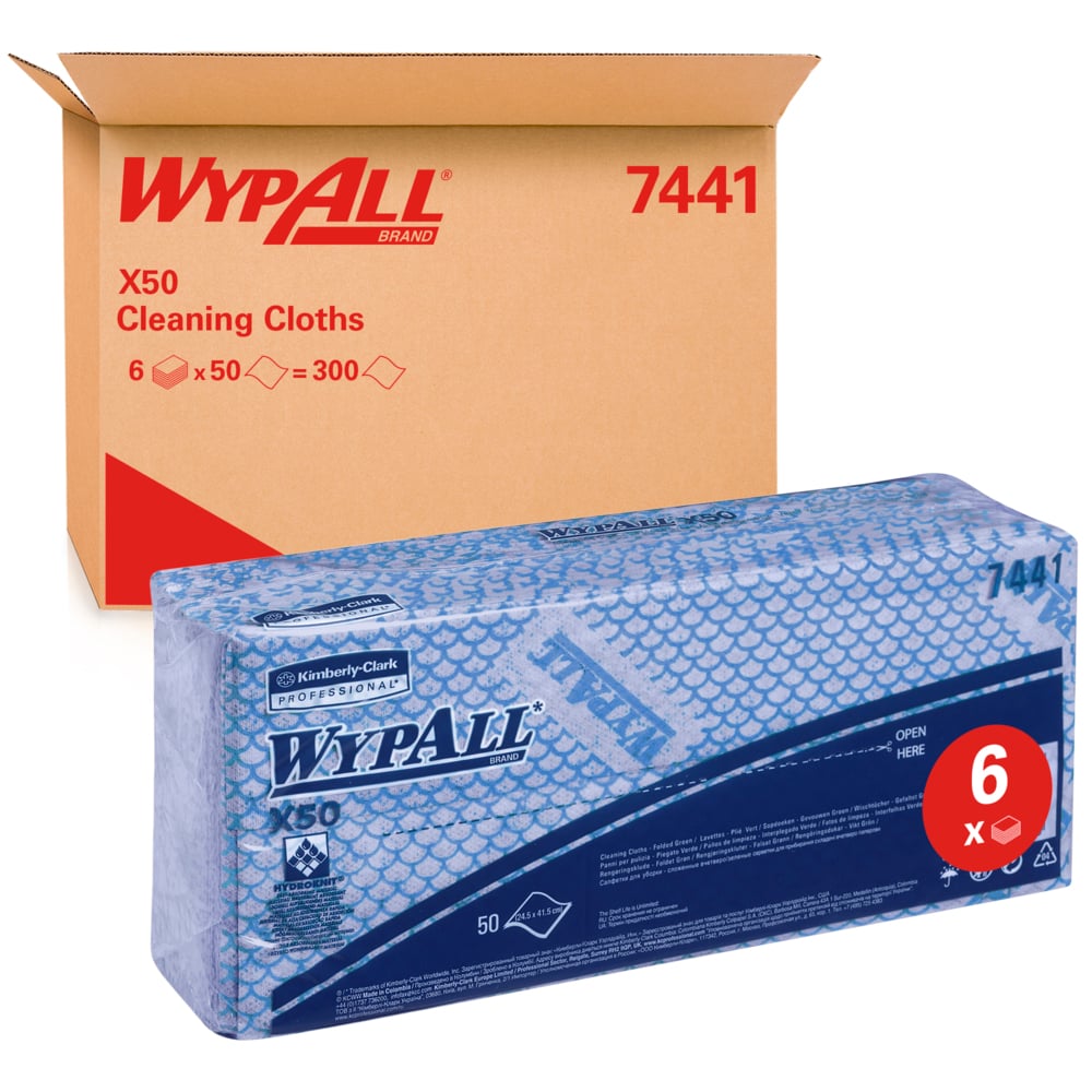 WypAll® X50 Colour Coded Cleaning Cloths 7441 - Blue Wiping Cloths - 6 Packs x 50 Interfolded Colour Coded Cloths (300 total) - 7441