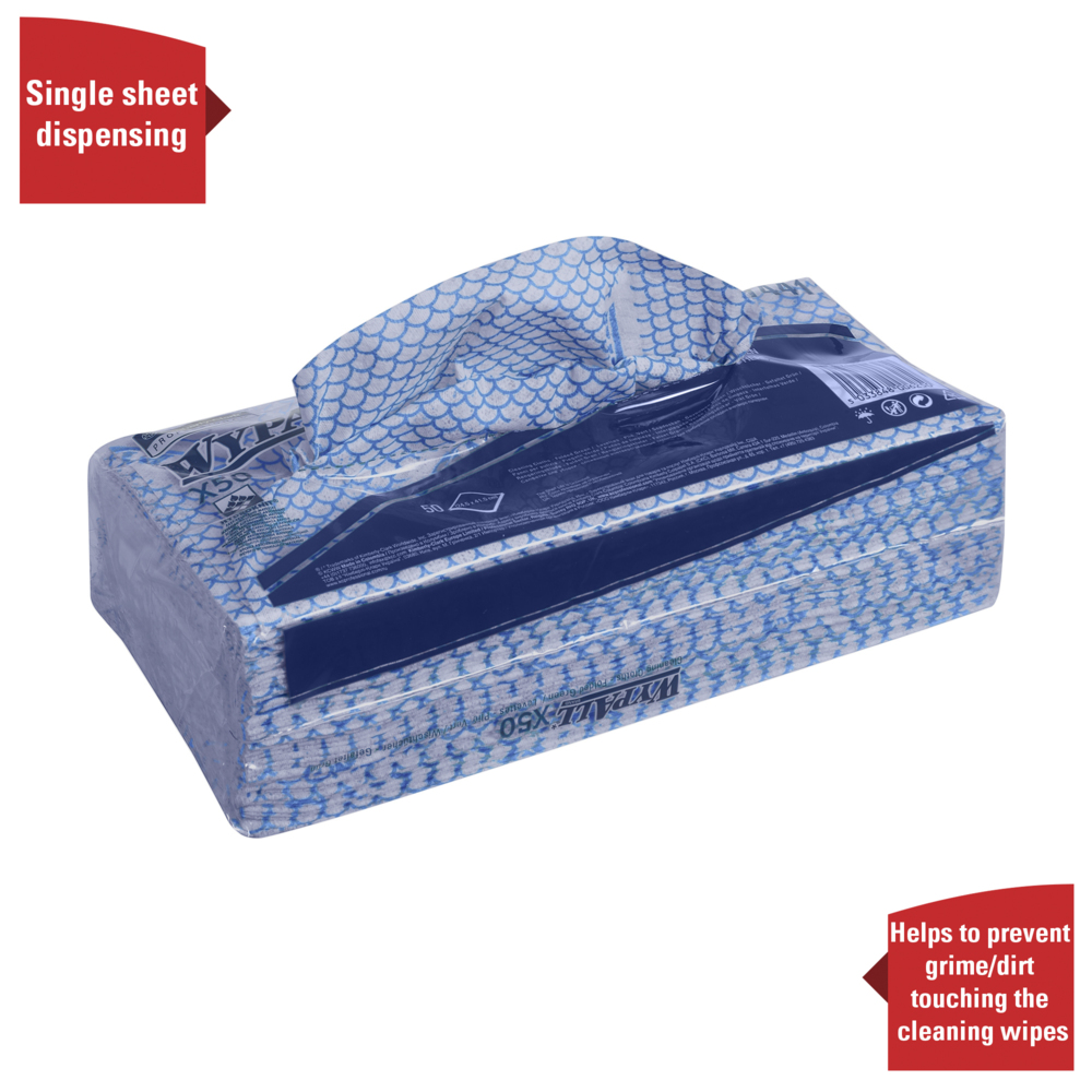 WypAll® X50 sopdoek met kleurcodering 7441 - blauwe doeken - 6 verpakkingen x 50 intergevouwen doeken met kleurcodering (300 in totaal) - 7441