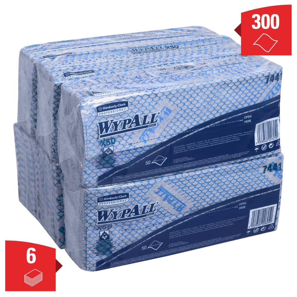 WypAll® X50 sopdoek met kleurcodering 7441 - blauwe doeken - 6 verpakkingen x 50 intergevouwen doeken met kleurcodering (300 in totaal) - 7441