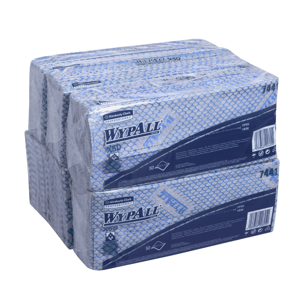 Chiffons de nettoyage à code couleur WypAll® X50 7441 - Chiffons de nettoyage bleus - 6 paquets x 50 chiffons enchevêtrés à code couleur (300 au total) - 7441