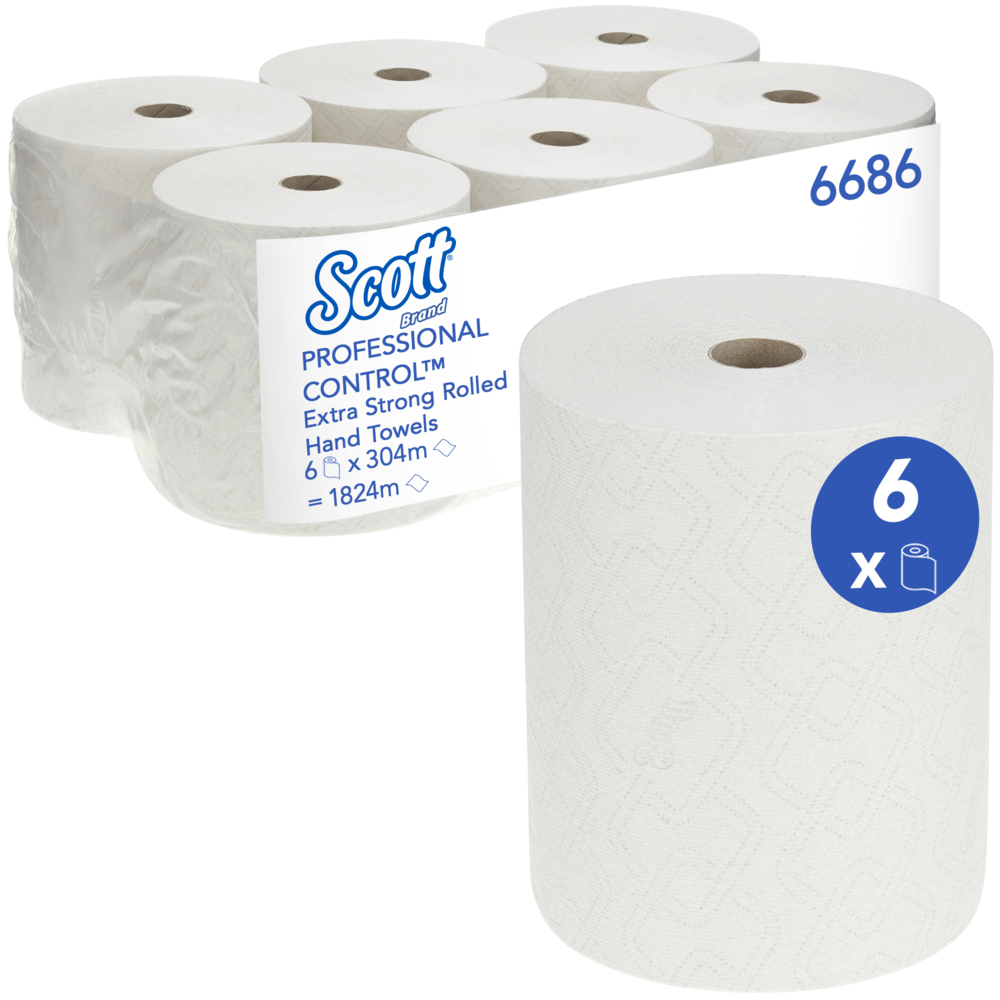 Scott® Extra Strong Papierhandtücher 6686 – Handtuchpapier - 304 m langes, weißes, 1-lagiges Tuch pro Rolle (Ein Karton enthält 6 Rollen) - 6686