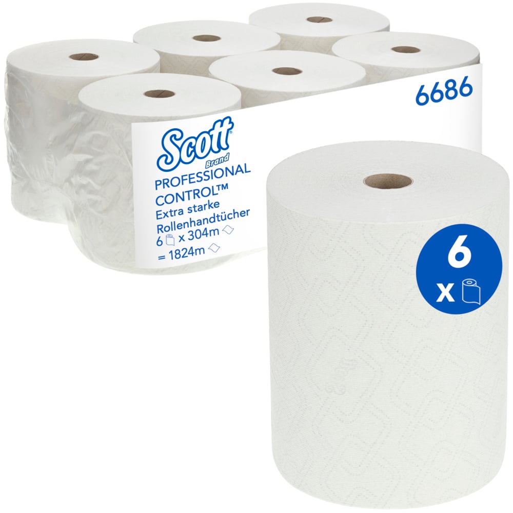 Essuie-mains Scott® Extra Strong 6686 - 304 m, blancs, 1 épaisseur (6 rouleaux par caisse) - 6686