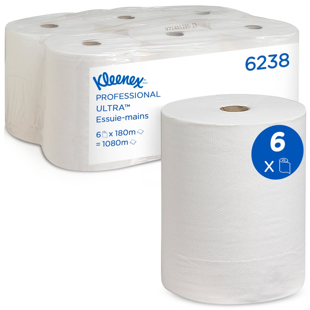 Rouleau d'essuie-mains en papier Kleenex® Ultra™ 6238 - Essuie-mains en papier 2 épaisseurs - 6 rouleaux x 180 m d'essuie-mains blanc (1 080 m au total) - 6238