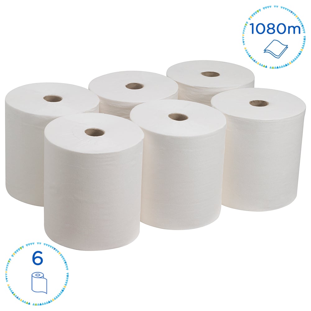 Rouleau d'essuie-mains en papier Kleenex® Ultra™ 6238 - Essuie-mains en papier 2 épaisseurs - 6 rouleaux x 180 m d'essuie-mains blanc (1 080 m au total) - 6238