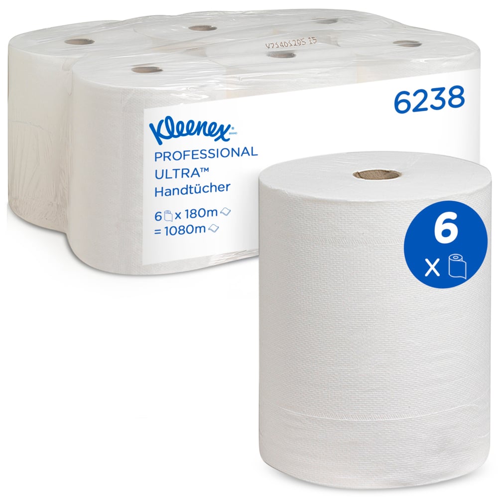 Kleenex® Ultra™-papierrol 6238 - 2-laags papieren handdoeken - 6 rollen x 180 m witte handdoeken (1080 m totaal) - 6238