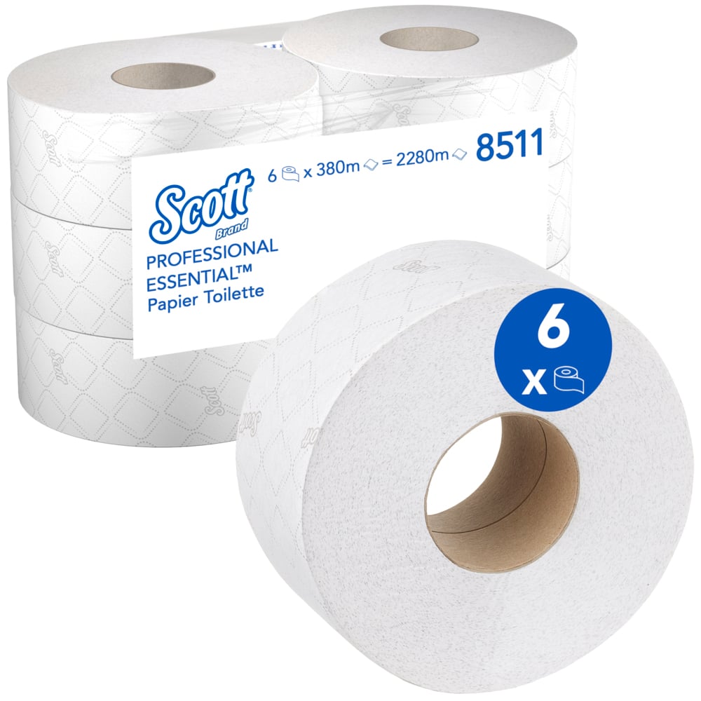 Rouleau de papier toilette Jumbo Scott® Essential™ 8511 - Rouleau de papier toilette Jumbo - 6 rouleaux de 380 m de papier toilette 2 épaisseurs (2 280m au total) - 8511