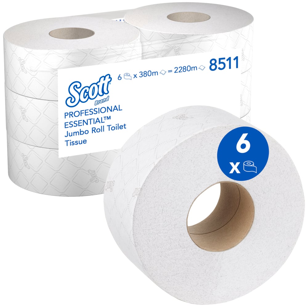 Scott® Essential™ Jumbo Toilettenpapierrolle 8511 – Jumbo-Rolle Toilettenpapier – 6 Rollen x 380m Blatt 2-lagigen Toilettenpapiers (2.280m gesamt)