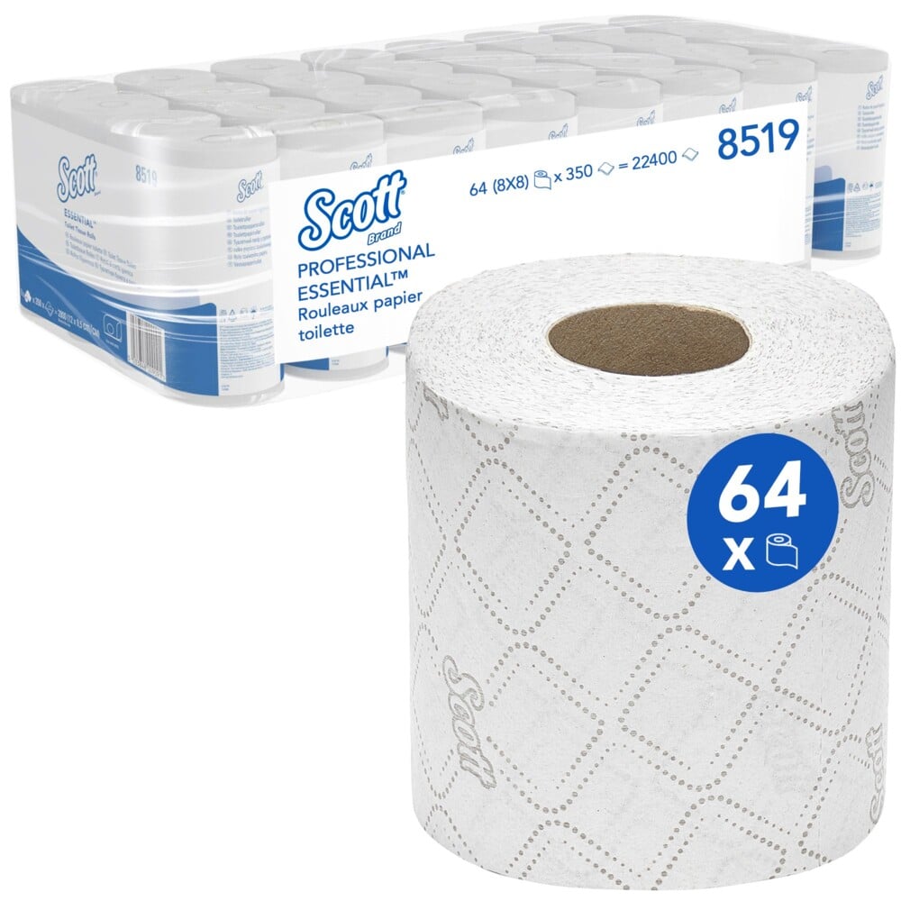 Papier toilette en rouleau standard Scott® Essential™ 8519 - 2 plis - 64 rouleaux de 350 feuilles blanches (22 400 feuilles au total) - 8519