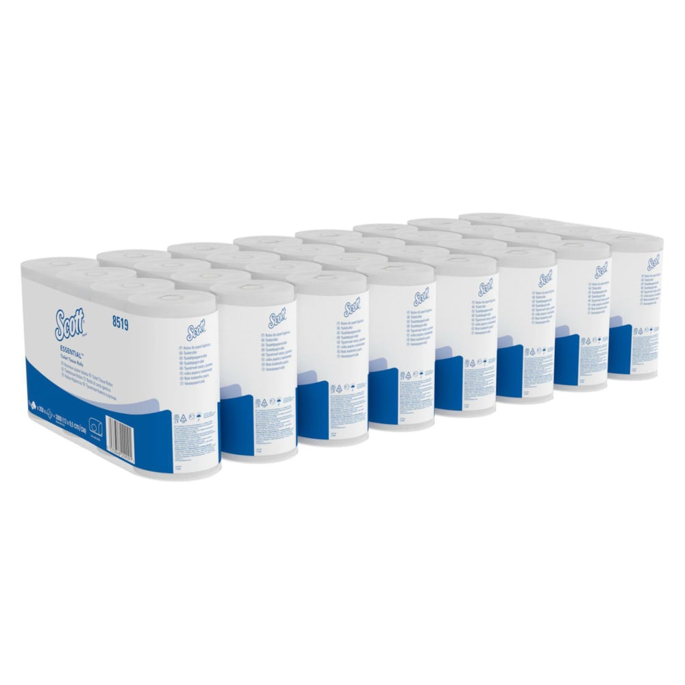 Papier toilette en rouleau standard Scott® Essential™ 8519 - 2 plis - 64 rouleaux de 350 feuilles blanches (22 400 feuilles au total);Papier toilette en rouleau standard Scott® Essential™  8519, 64 rouleaux de 350 feuilles blanches, 2 épaisseurs (22 400 feuilles au total) - 8519
