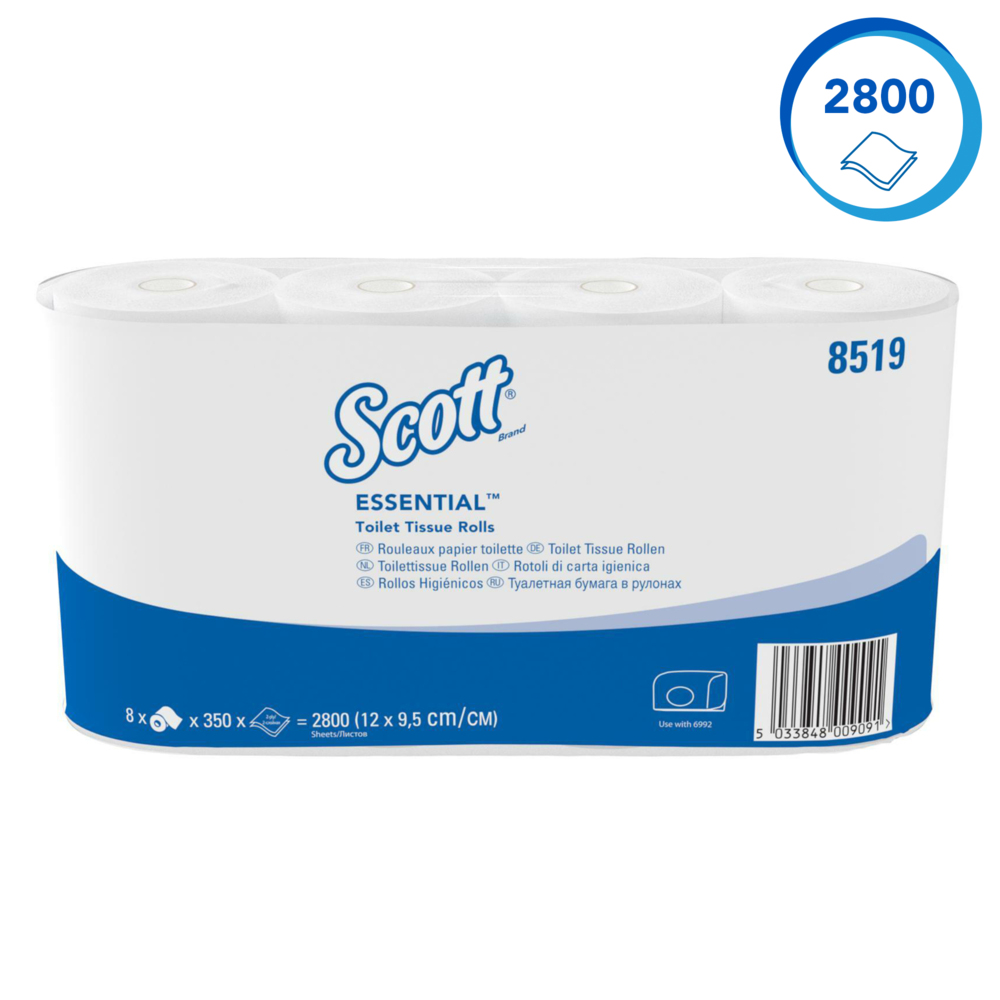 Papier toilette en rouleau standard Scott® Essential™ 8519 - 2 plis - 64 rouleaux de 350 feuilles blanches (22 400 feuilles au total) - 8519