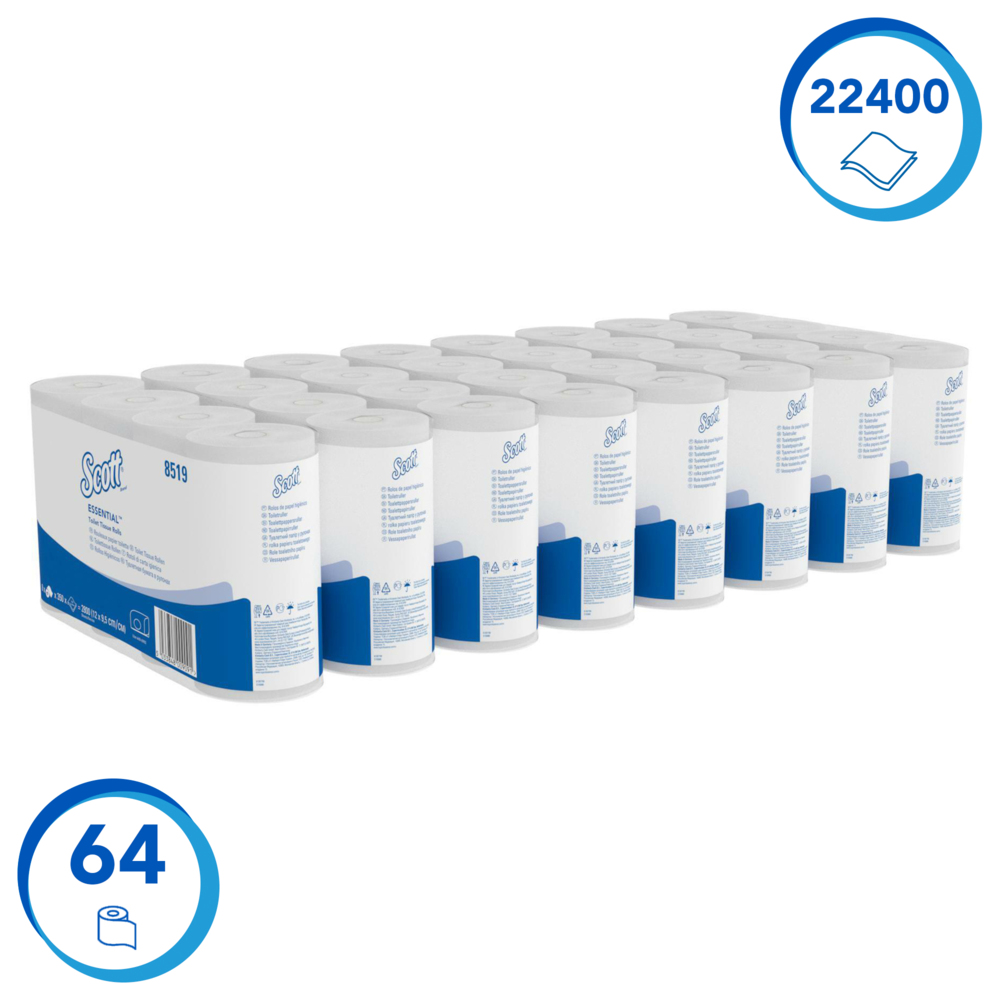 Scott® Essential™ Standaardrol Toiletpapier 8519 - 64 rollen x 350 witte, 2-laags vellen (22.400 vellen) - 8519