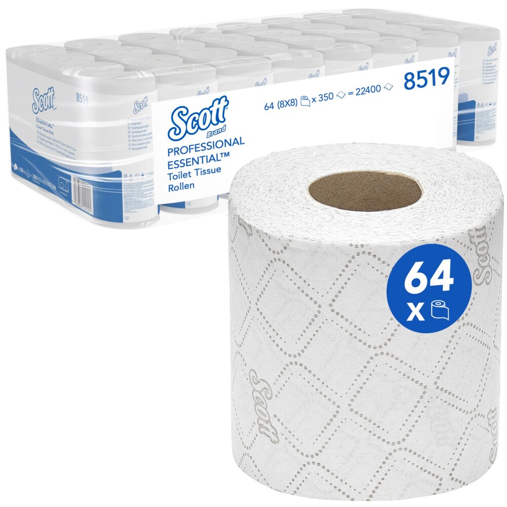 Papier toilette en rouleau standard Scott® Essential™ 8519 - 2 plis - 64 rouleaux de 350 feuilles blanches (22 400 feuilles au total) - 8519