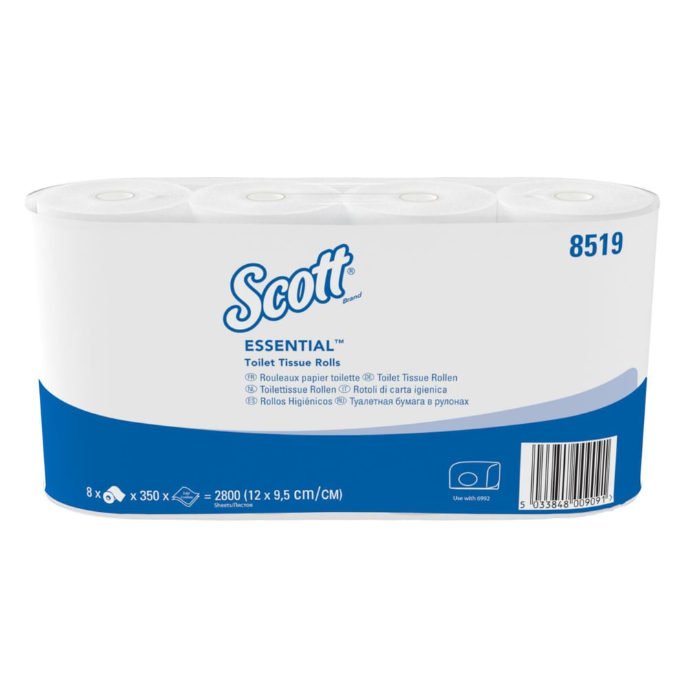 Papier toilette en rouleau standard Scott® Essential™ 8519 - 2 plis - 64 rouleaux de 350 feuilles blanches (22 400 feuilles au total);Papier toilette en rouleau standard Scott® Essential™  8519, 64 rouleaux de 350 feuilles blanches, 2 épaisseurs (22 400 feuilles au total) - 8519