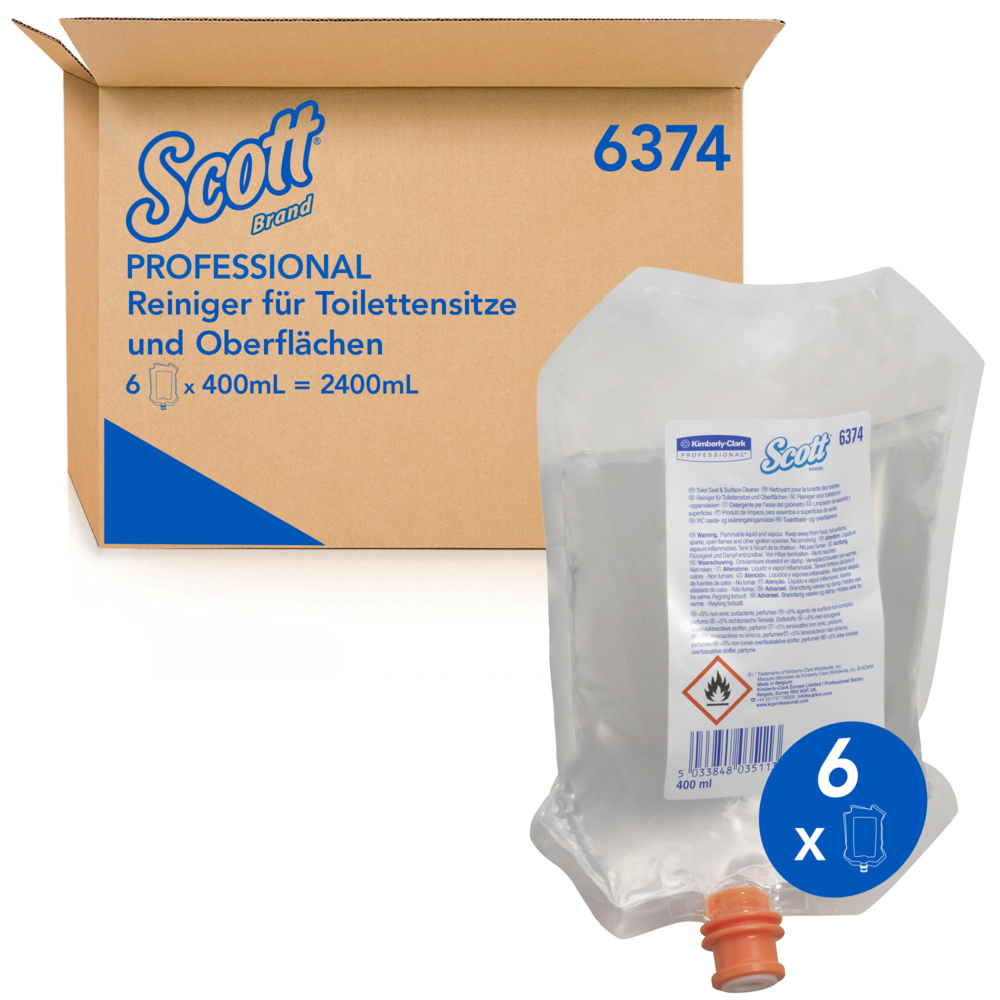 Scott® Toiletbril- & Oppervlaktereiniger, Zak, 6374, Transparant, 6 x 400 ml (2400 ml in totaal) - 6374
