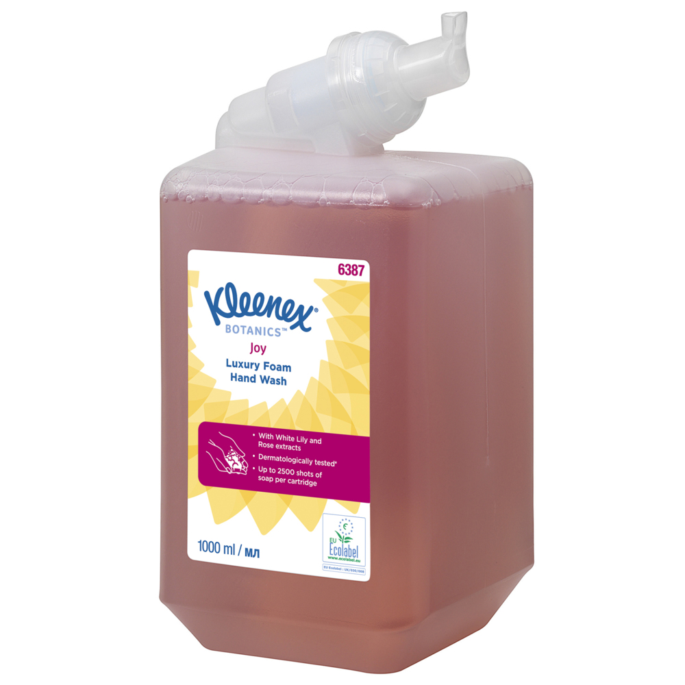 Savon mousse pour les mains Kleenex® Botanics™ Joy Luxury 6387 - Savon mousse parfumé pour les mains - 6 recharges x 1 litre de Savon mousse pour les mains, couleur rose (6 litres au total) - 6387