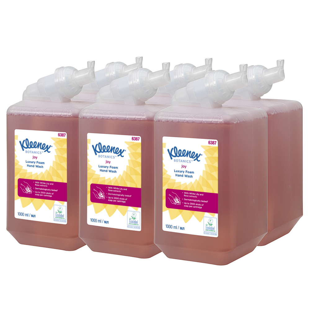 Savon mousse pour les mains Kleenex® Botanics™ Joy Luxury 6387 - Savon mousse parfumé pour les mains - 6 recharges x 1 litre de Savon mousse pour les mains, couleur rose (6 litres au total) - 6387