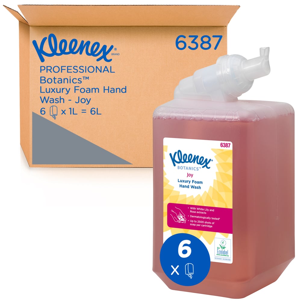 Detergente per mani in schiuma Kleenex® Botanics™ Joy Luxury 6387 - Detergente per mani in schiuma profumato - 6 ricariche di detergente per mani rosso da 1 litro (totale 6 litri) - 6387