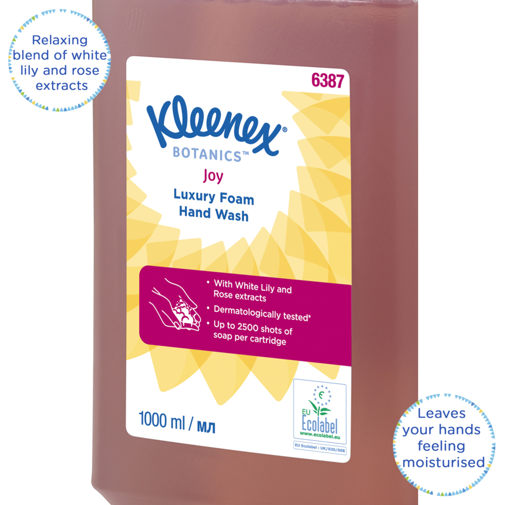 Savon mousse pour les mains Kleenex® Botanics™ Joy Luxury 6387 - Savon mousse parfumé pour les mains - 6 recharges x 1 litre de Savon mousse pour les mains, couleur rose (6 litres au total) - 6387