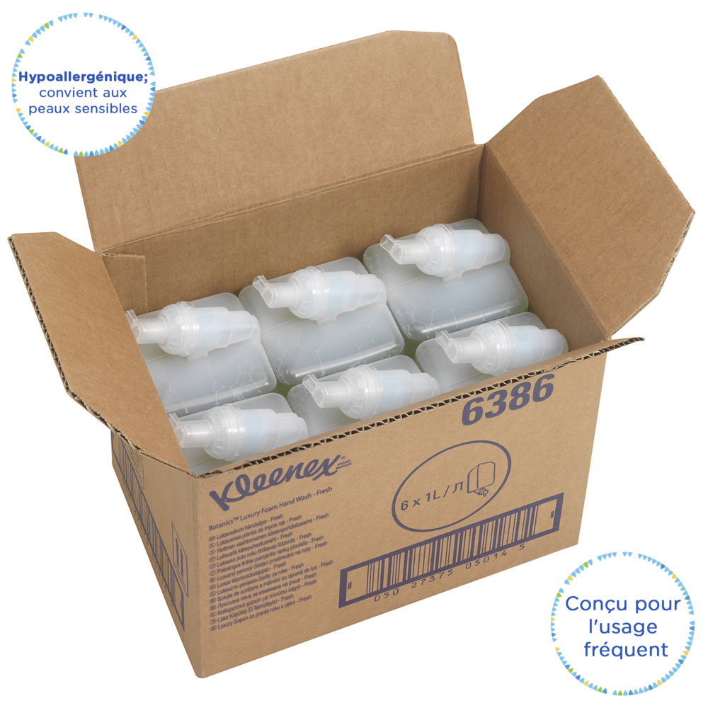 Savon mousse pour les mains Kleenex® Botanics™ Fresh 6386 - Savon mousse parfumé pour les mains - 6 recharges x 1 litre de Savon mousse pour les mains, couleur verte (6 litres au total) - 6386