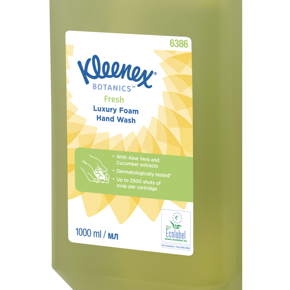Kleenex® Botanics™ Fresh Luxury Foam Hand Wash 6386 - Scented Foaming Hand Cleanser - 6 x 1 Litre Green Hand Wash Refills (6 Litre total) - 6386