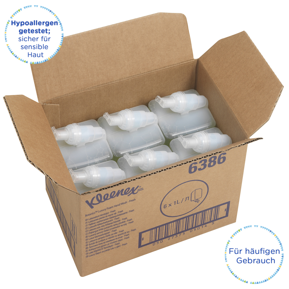 Savon mousse pour les mains Kleenex® Botanics™ Fresh 6386 - Savon mousse parfumé pour les mains - 6 recharges x 1 litre de Savon mousse pour les mains, couleur verte (6 litres au total) - 6386