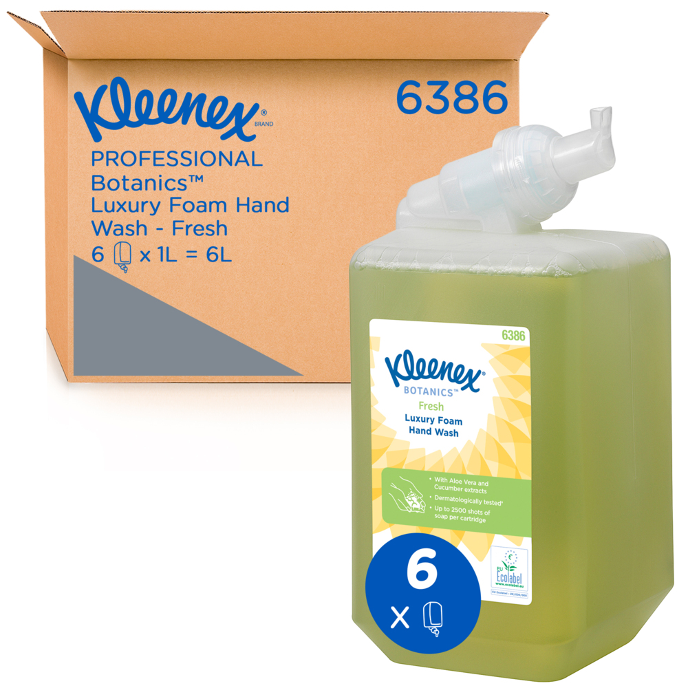 Kleenex® Botanics™ Fresh Luxus Schaum-Seife 6386 – Handseife – 6 x 1 Liter, Kassetten Grün Handreiniger (insges. 6 l)