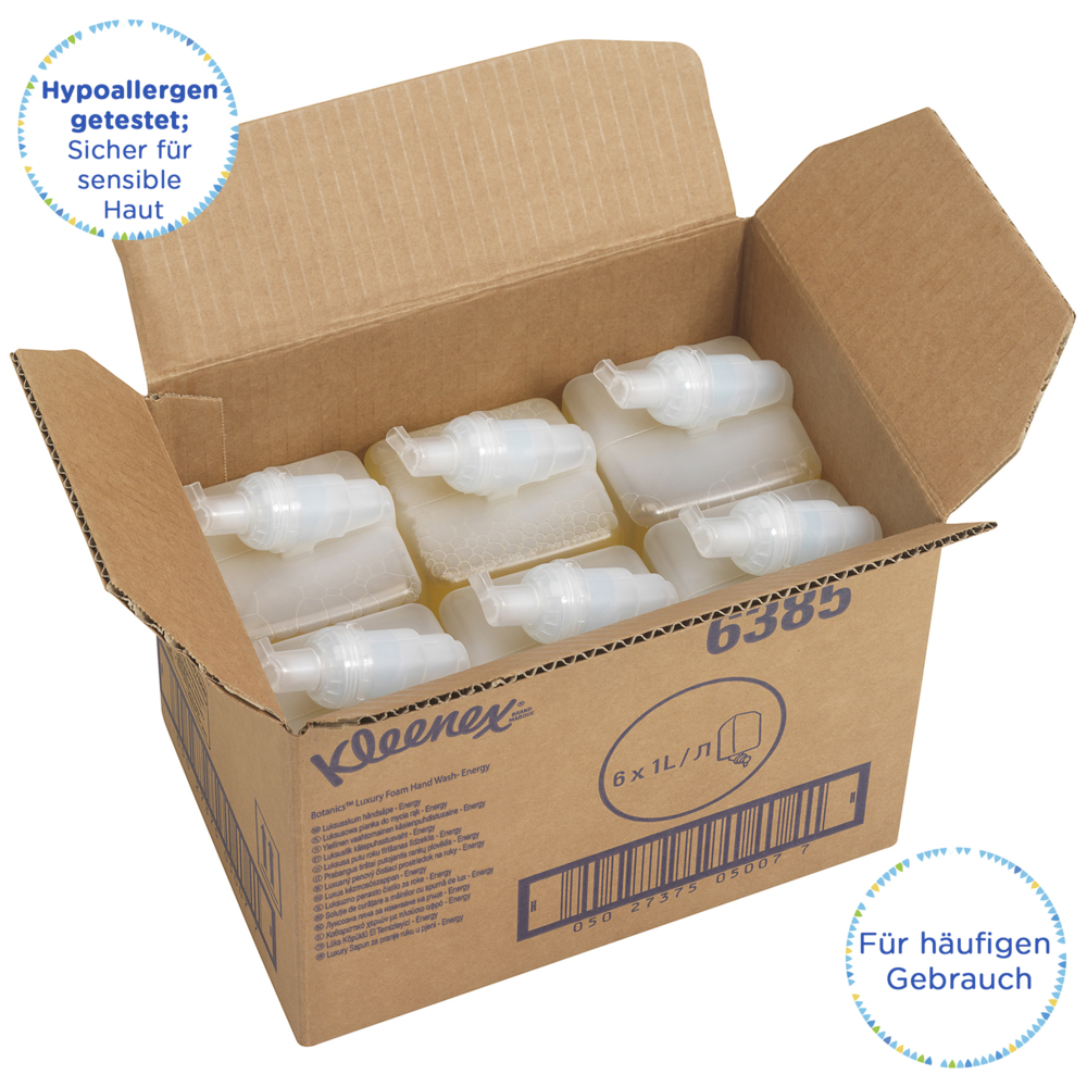 Kleenex® Botanics™ Energy luxe schuimende handreiniger 6385 - schuimende, geurige handzeep - 6 navullingen met gele handzeep van 1 liter (6 liter in totaal) - 6385