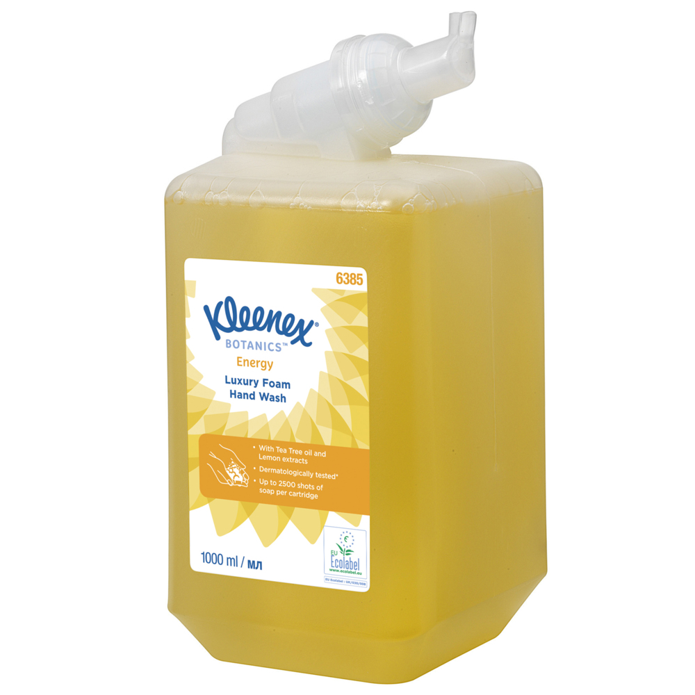 Kleenex® Botanics™ Energy Luxury Foam Hand Wash 6385 - Scented Foaming Hand Cleanser - 6 x 1 Litre Yellow Hand Wash Refills (6 Litre total) - 6385