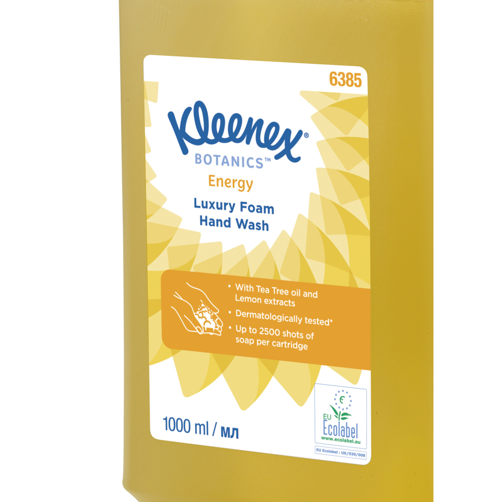 Savon mousse pour les mains Kleenex® Botanics™ Energy Luxury 6385 - Savon mousse parfumé pour les mains - 6 recharges x 1 litre de Savon mousse pour les mains, couleur jaune (6 litres au total) - 6385