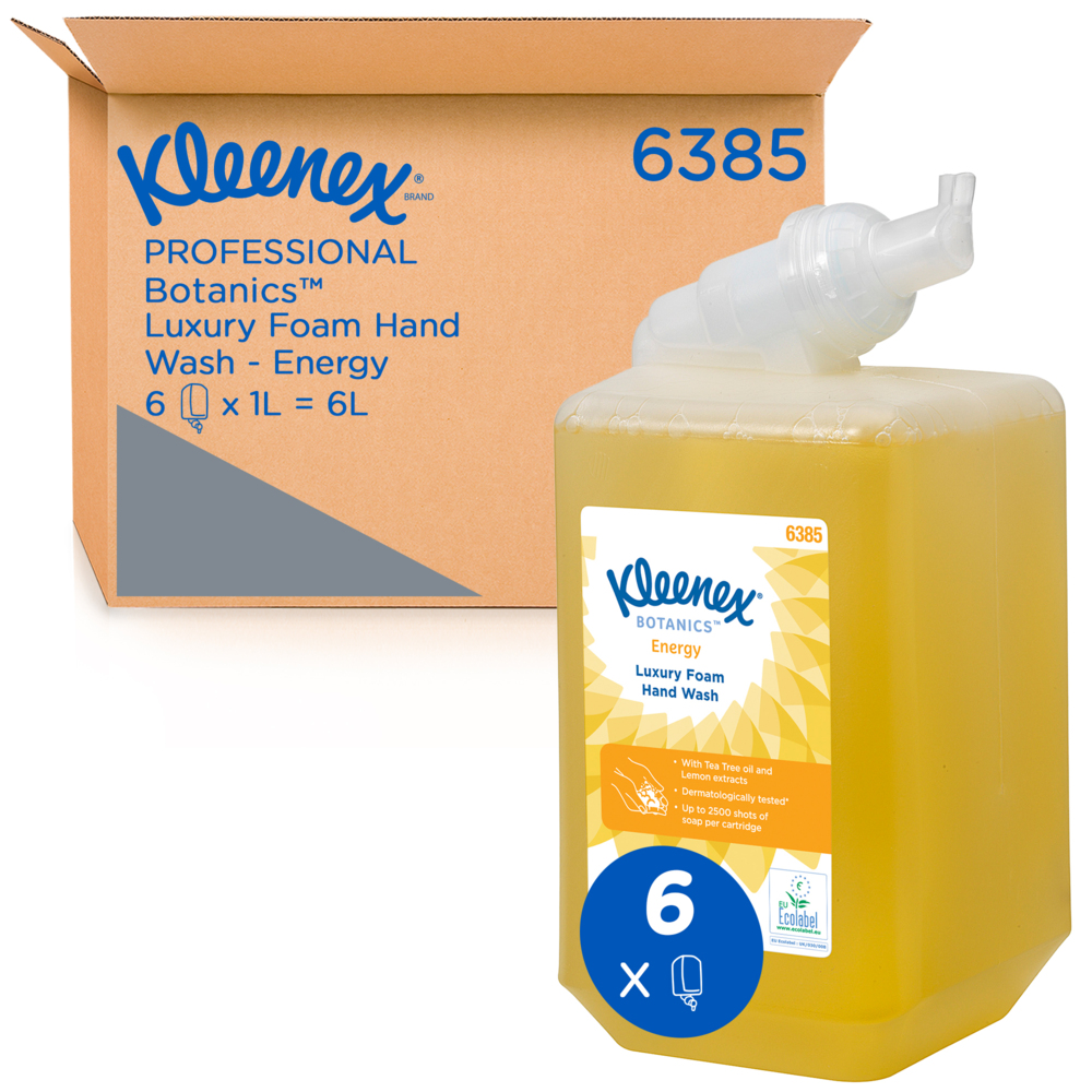 Savon mousse pour les mains Kleenex® Botanics™ Energy Luxury 6385 - Savon mousse parfumé pour les mains - 6 recharges x 1 litre de Savon mousse pour les mains, couleur jaune (6 litres au total) - 6385