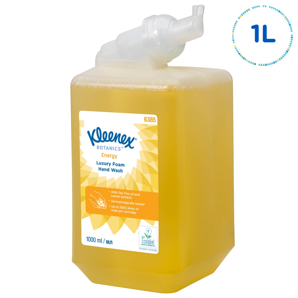 Savon mousse pour les mains Kleenex® Botanics™ Energy Luxury 6385 - Savon mousse parfumé pour les mains - 6 recharges x 1 litre de Savon mousse pour les mains, couleur jaune (6 litres au total) - 6385