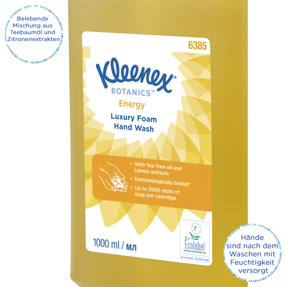 Savon mousse pour les mains Kleenex® Botanics™ Energy Luxury 6385 - Savon mousse parfumé pour les mains - 6 recharges x 1 litre de Savon mousse pour les mains, couleur jaune (6 litres au total) - 6385