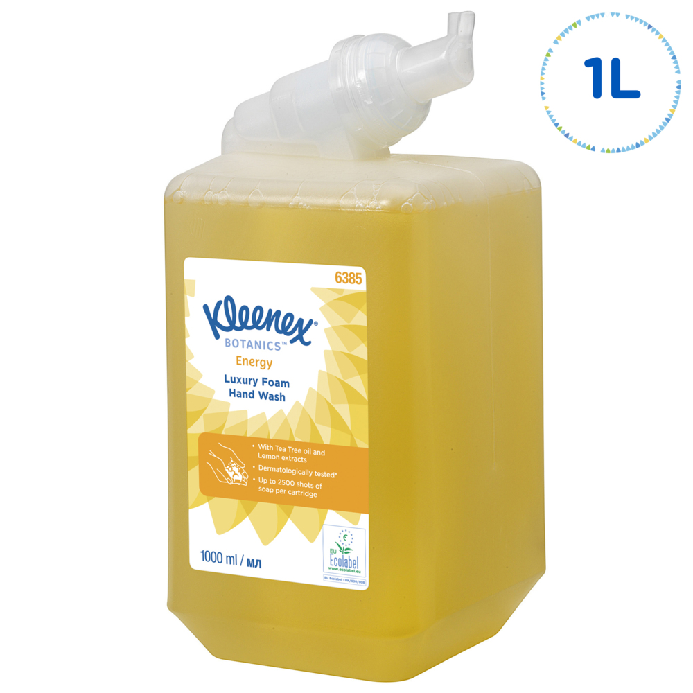 Savon mousse pour les mains Kleenex® Botanics™ Energy Luxury 6385 - Savon mousse parfumé pour les mains - 6 recharges x 1 litre de Savon mousse pour les mains, couleur jaune (6 litres au total) - 6385