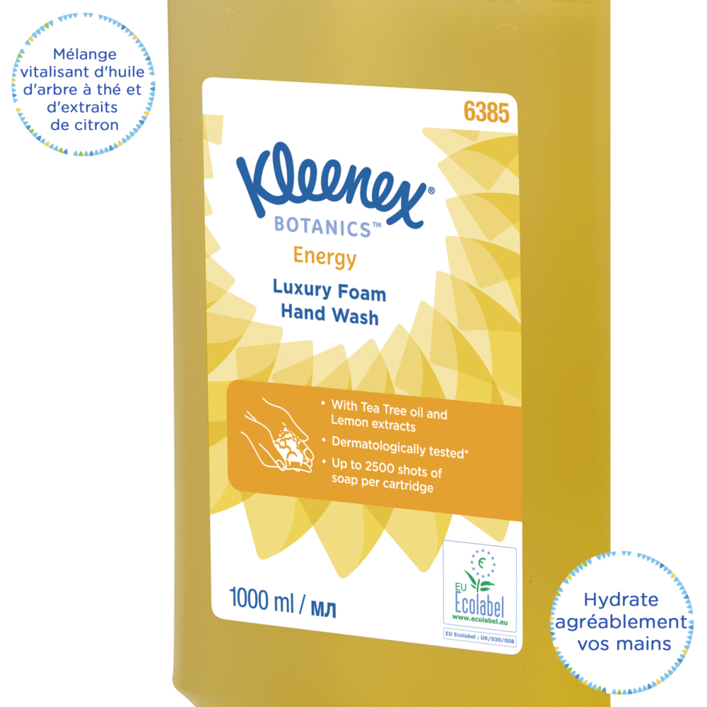 Savon mousse pour les mains Kleenex® Botanics™ Energy Luxury 6385 - Savon mousse parfumé pour les mains - 6 recharges x 1 litre de Savon mousse pour les mains, couleur jaune (6 litres au total) - 6385