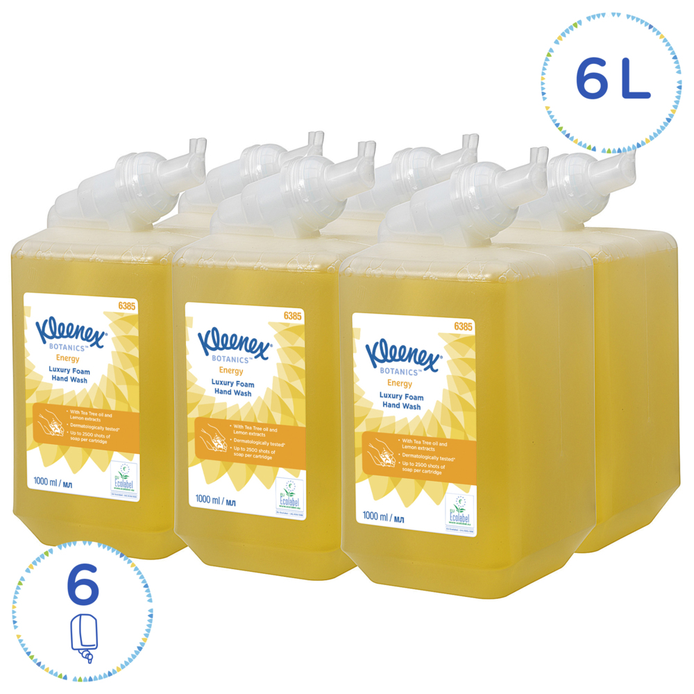 Savon mousse pour les mains Kleenex® Botanics™ Energy Luxury 6385 - Savon mousse parfumé pour les mains - 6 recharges x 1 litre de Savon mousse pour les mains, couleur jaune (6 litres au total) - 6385