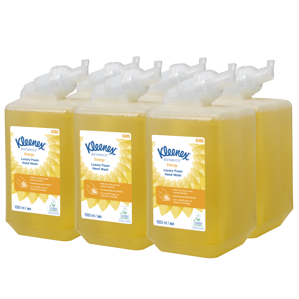 Kleenex® Botanics™ Energy luxe schuimende handreiniger 6385 - schuimende, geurige handzeep - 6 navullingen met gele handzeep van 1 liter (6 liter in totaal) - 6385