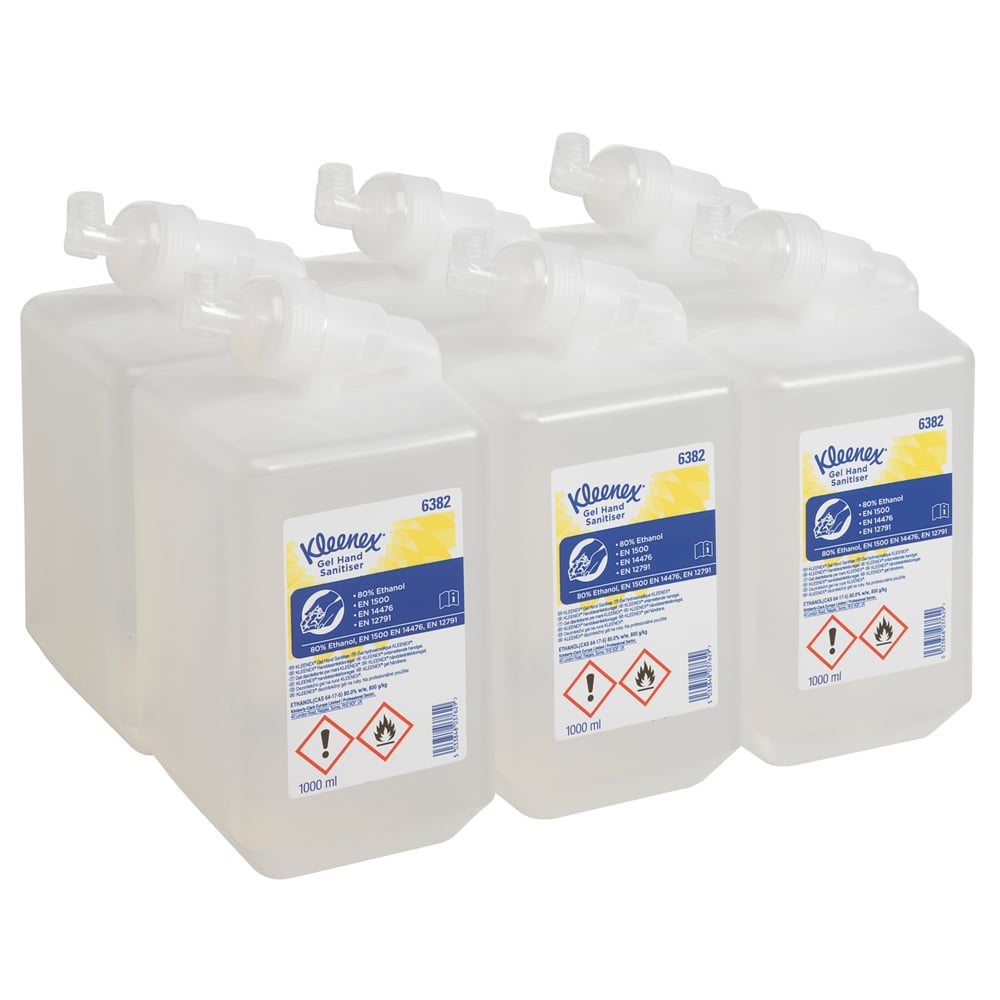 Kleenex® Alcohol Hand Sanitiser Gel 6382 - 6 x 1 Litre Clear Hand Sanitiser Refills (6 Litres Total) - 6382