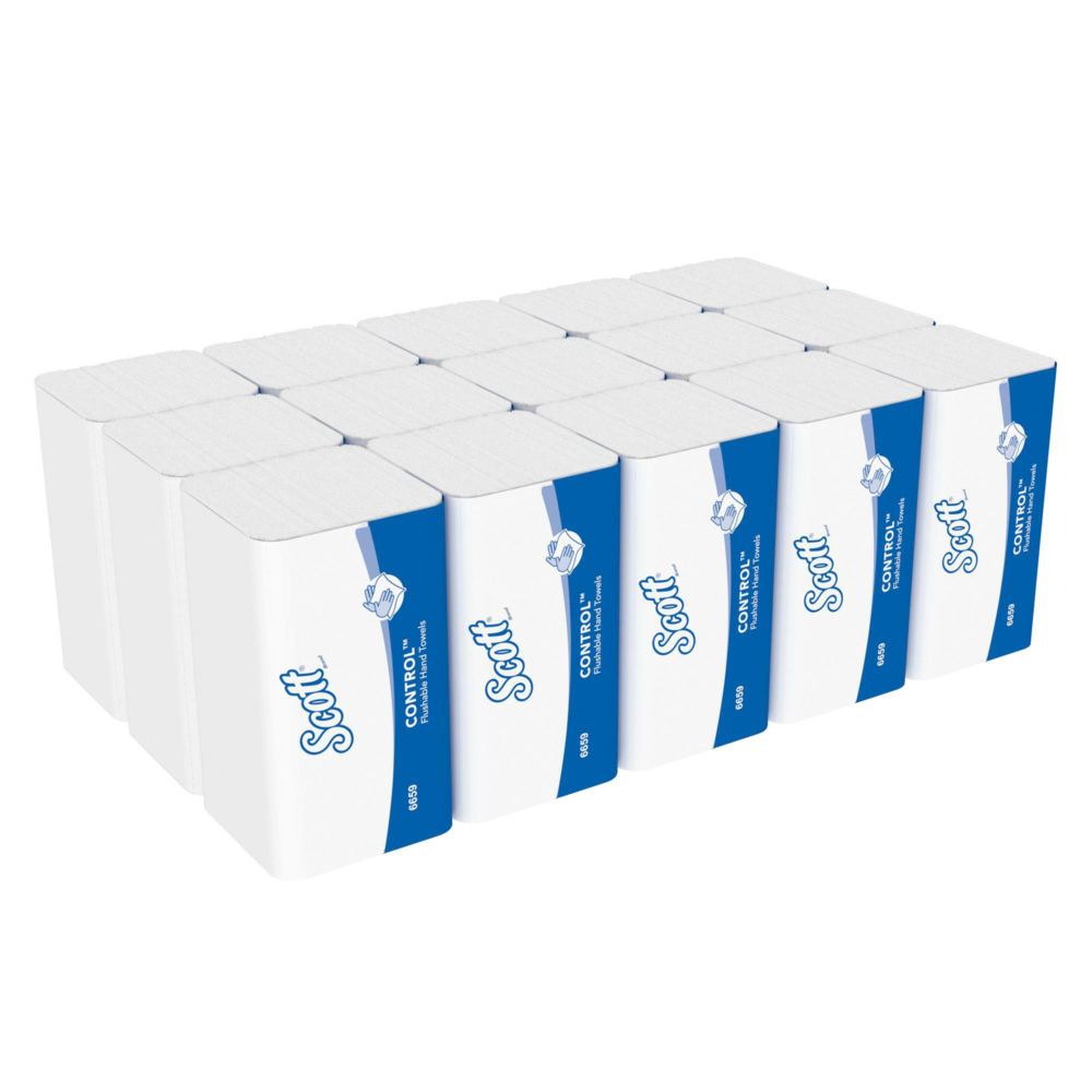 Essuie-mains pliés jetables dans les sanitaires Scott® Control™ 6659, 15 paquets de 300 feuilles blanches 1 épaisseur. - 6659