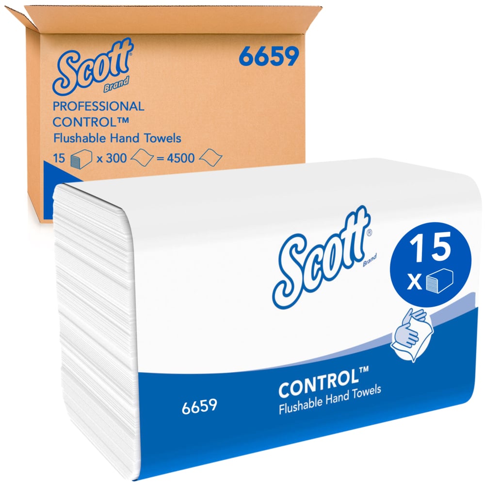 Essuie-mains pliés jetables dans les sanitaires Scott® Control™ 6659, 15 paquets de 300 feuilles blanches 1 épaisseur.