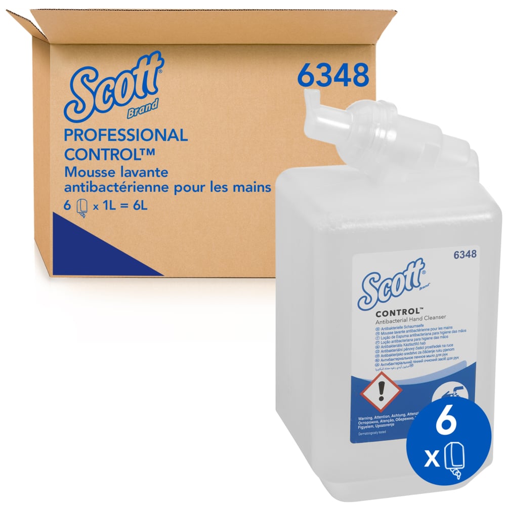 Savon mousse antibactérienne pour les mains Scott® Control™ 6348 - Savon mousse non parfumé pour les mains - 6 recharges x 1 litre de Savon mousse transparente pour les mains (6 litres au total) - 6348