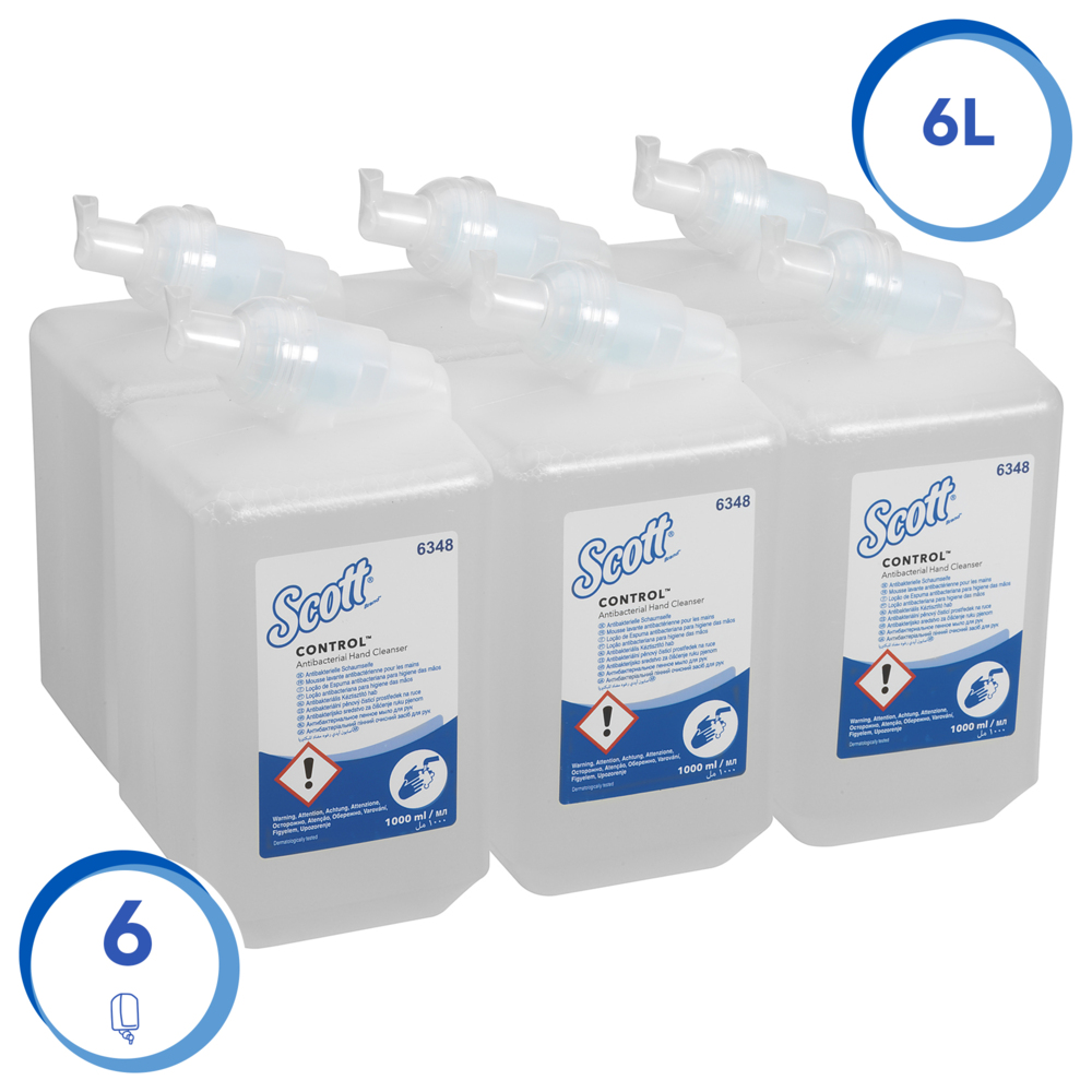 Savon mousse antibactérienne pour les mains Scott® Control™ 6348 - Savon mousse non parfumé pour les mains - 6 recharges x 1 litre de Savon mousse transparente pour les mains (6 litres au total) - 6348