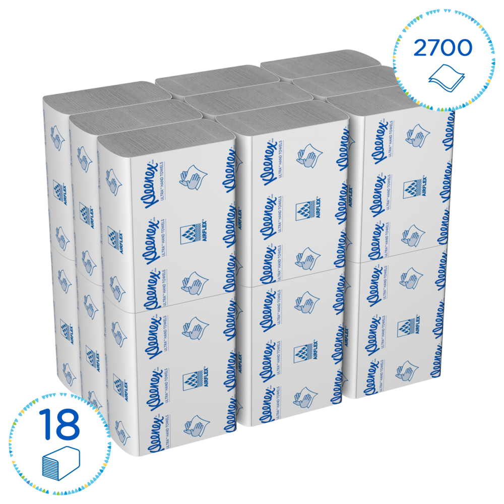 Essuie-mains pliés blancs Kleenex® Ultra™ 4633 – Essuie-mains en papier jetables 2 épaisseurs – 18 paquets x 150 essuie-mains en papier petit format (2 700 au total) - 4633