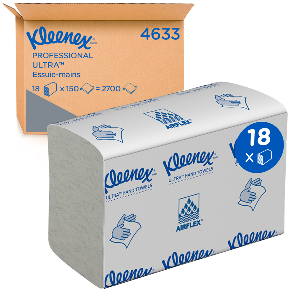 Essuie-mains pliés blancs Kleenex® Ultra™ 4633 – Essuie-mains en papier jetables 2 épaisseurs – 18 paquets x 150 essuie-mains en papier petit format (2 700 au total) - 4633